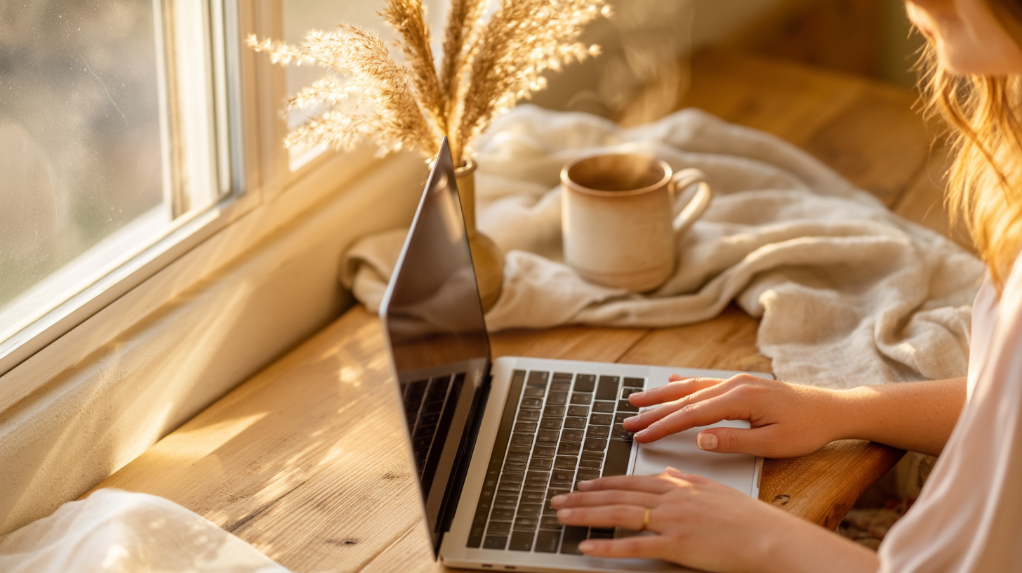 Entrepreneur working on laptop by sunny window with coffee and cozy blanket, representing authentic personal brand lifestyle