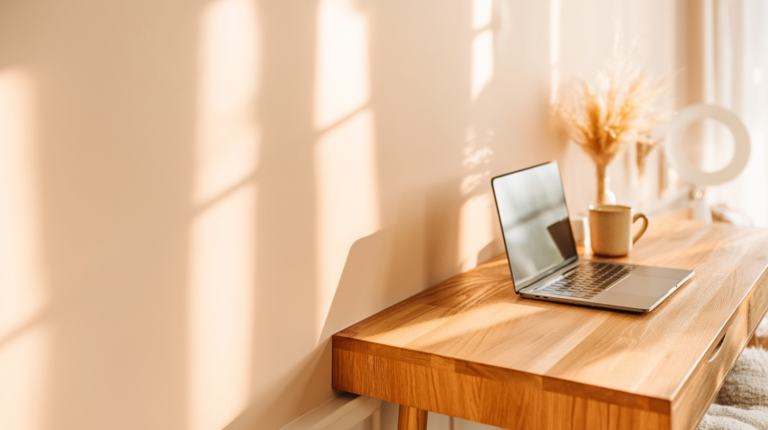 right minimal home workspace with a warm wood desk, open laptop, and ceramic mug — hero image for Brand Twin Studio™ blog post on whether to book a photographer or use an AI brand photo system